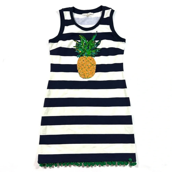 Boston Proper Sequin Pineapple Dress Blue Stripes Pom Pom Hem - Picture 1 of 9